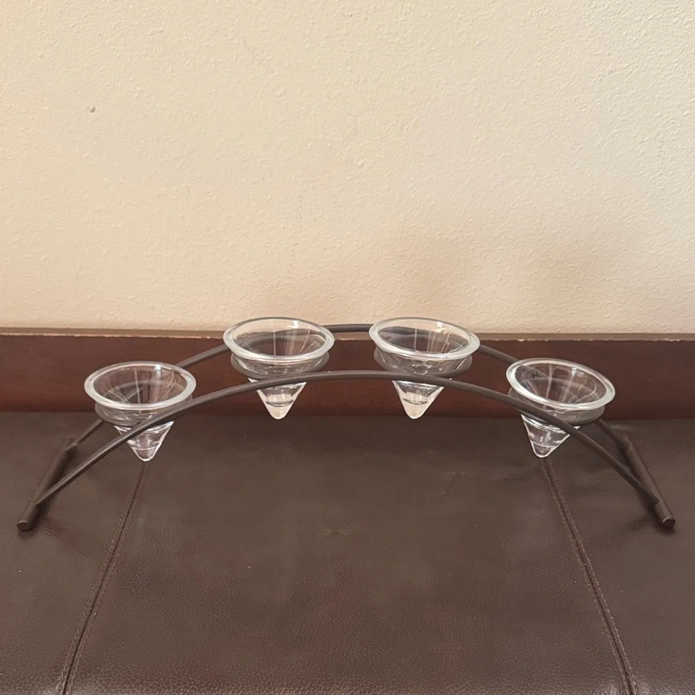 Votive or Tea Light Candle Holder w/4 Glass Cups on an Arched Metal Holder